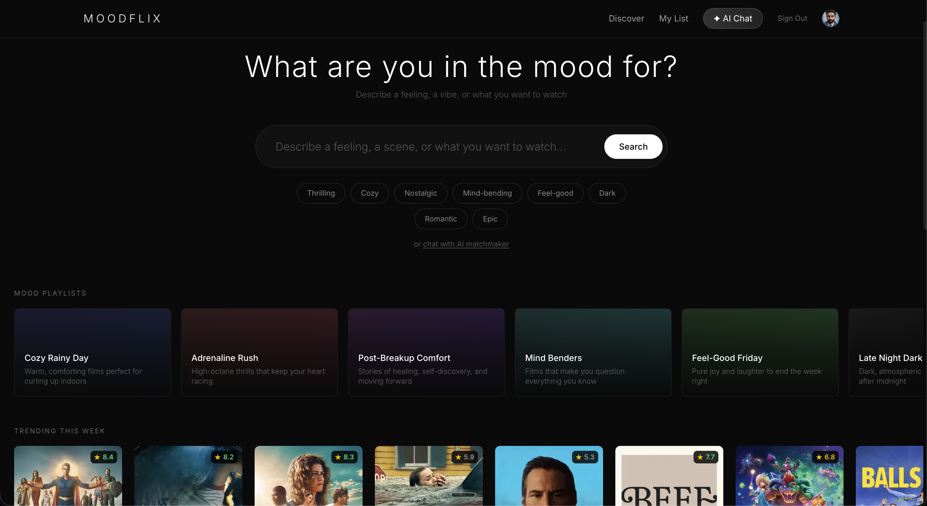 MoodFlix mood-based movie discovery — live demo screenshot